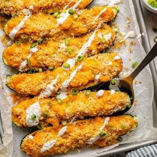 Buffalo Mac and Cheese Stuffed Zucchini Boats
