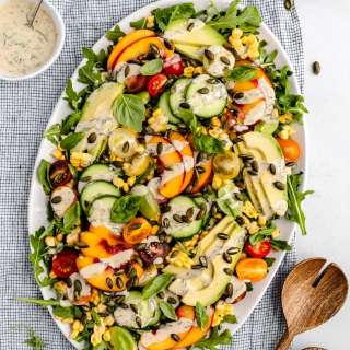 Avocado Peach Tomato Salad with Dilly Tahini Dressing