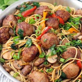 20-Minute Lo Mein with Chicken Teriyaki Meatballs