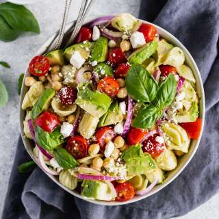 Avocado Tomato Chickpea Pasta Salad with Lemon Basil Vinaigrette