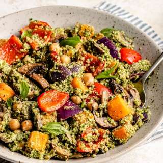 Roasted Veggie, Chickpea & Pesto Quinoa Salad