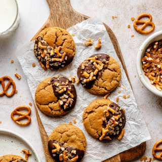 Chocolate-Dipped Peanut Butter Cookies with Toffee & Crushed Pretzels