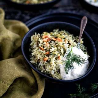 Dill rice with broad beans and tzatziki