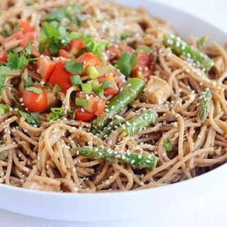 Sesame Chicken Asparagus Pasta with Creamy Peanut Sauce