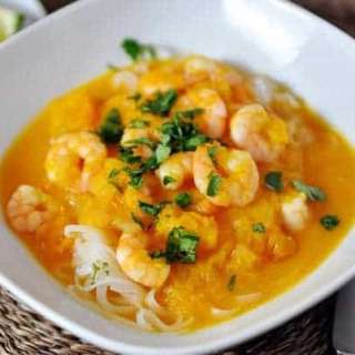 Butternut Squash and Coconut Curry Soup with Shrimp and Rice Noodles