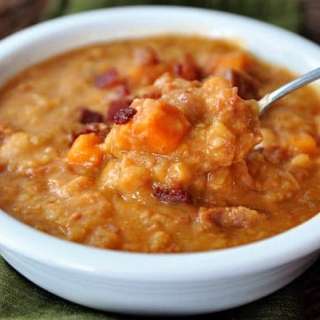 Ham, Sweet Potato and White Bean Soup with Bacon {Slow Cooker}