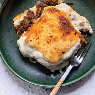 Vegetarian moussaka with plant based meat