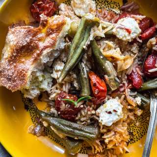 Baked Rice with Okra and Feta