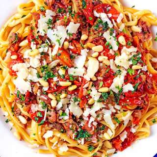 Roasted Tomato and Basil Pasta with Parma Ham