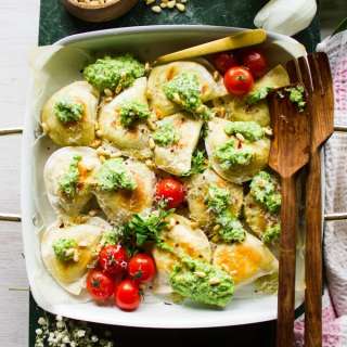Crispy Baked Pierogies with Broccoli Pesto