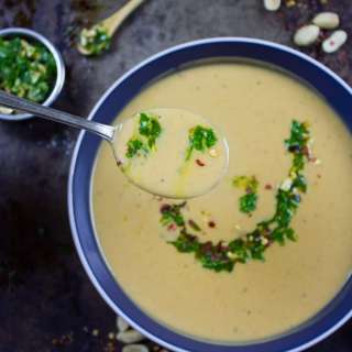 Creamy Peanut Soup with Peanut Crunch Herb Pistou: