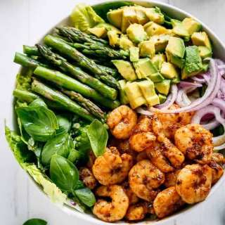 Blackened Shrimp, Asparagus and Avocado Salad with Lemon Pepper Yogurt Dressing
