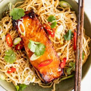 Miso salmon with garlic noodles