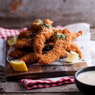 Corn flake-crusted chicken strips with honey-mustard sauce