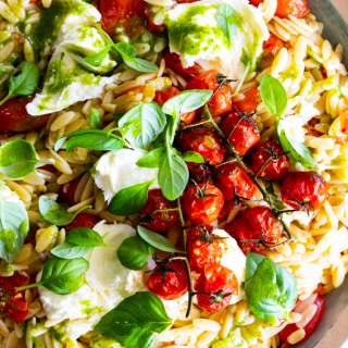 Warm Orzo Salad with Roasted Tomatoes, Mozzarella and Basil