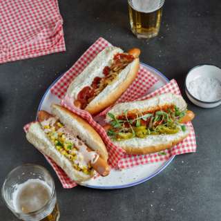 Classic hot dog with mayo-mustard and fried onions