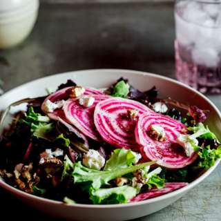 Candy-Striped beetroot salad with Maple-candied pecans and goat's cheese