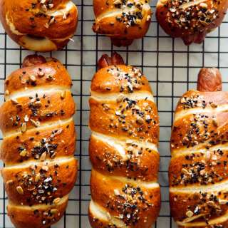 Pretzel Dogs with a Whole Grain Mustard Cheese Sauce