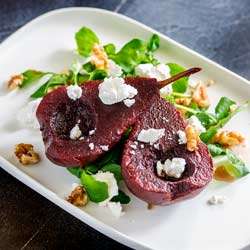 Spiced Poached Pears and Goats Cheese Salad