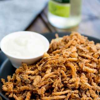 Shoe String Onion Rings with Garlic Mayo