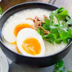 Ginger Congee with Egg and Crispy Shallots
