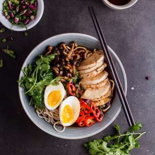 Roasted chicken ramen with shimeji mushrooms