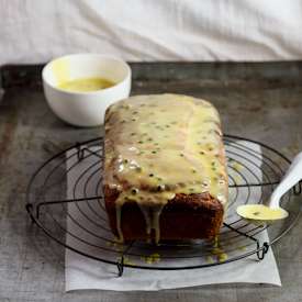 Passion fruit yogurt cake with white chocolate drizzle