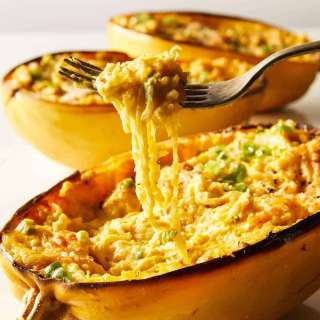 Vegan Baked Spaghetti Squash with Pumpkin and Green Onion Alfredo