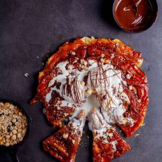 Banana tarte tatin with salted dark chocolate and hazelnuts