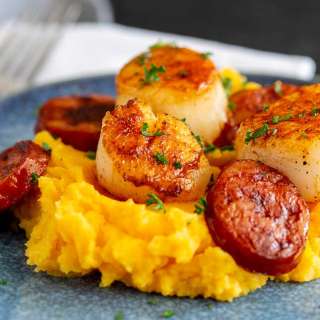 Pan-fried Scallops and Chorizo on Sweet Potato Mash Recipe