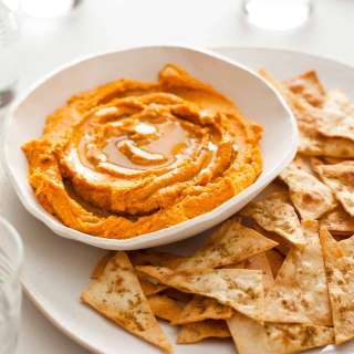 Spiced Sweet Potato Hummus and Cumin Flatbread Chips
