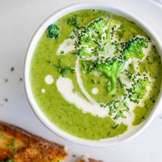 Creamy Broccoli Soup with garlic bread grilled cheese