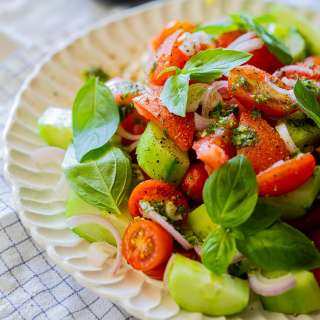 Cucumber tomato salad with whipped feta