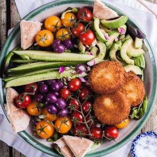 Greek salad with fried Feta cheese