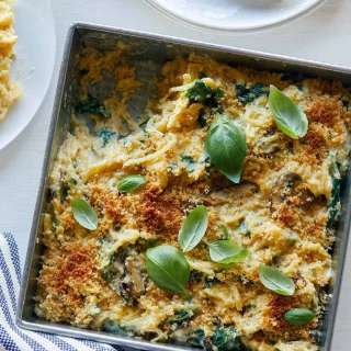 Creamy Vegan Spaghetti Squash, Wild Mushroom and Spinach Bake