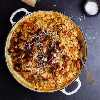 Roasted pumpkin risotto with haloumi pops and chilli syrup