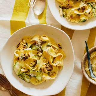 Sweet Corn Pesto Tossed with (50/50) Pappardelle + Zucchini Noodles