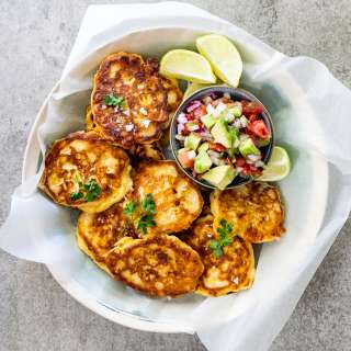Cheesy Corn Cakes with Spicy Avocado Salsa