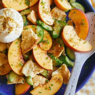 Peach and Pita Panzanella Salad with Burrata + Dukkah