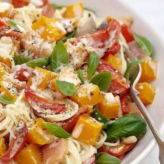 Creamy Baked Pumpkin Pasta with Tomato & Bacon