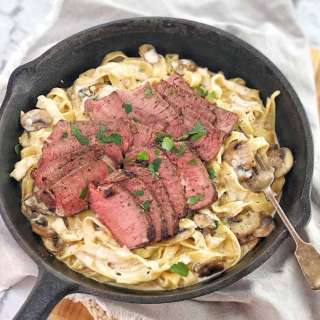 Creamy Steak Alfredo with Mushrooms and Fettuccine