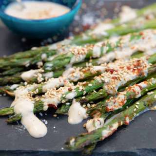 Grilled Asparagus with Lemon Tahini Sauce