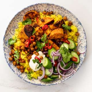 Tandoori sweet potato rice bowl with crisp chickpeas
