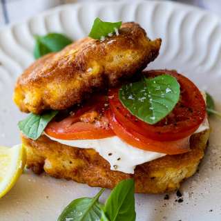 Corn fritter Caprese stacks