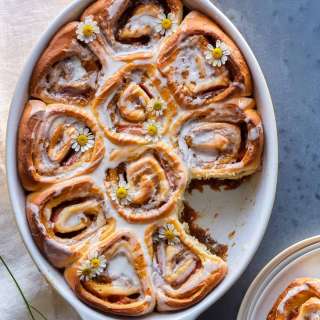 Strawberry Studded Cinnamon Rolls with Chamomile and Vanilla Glaze