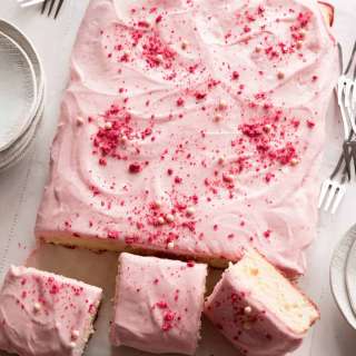 Vanilla Bean Sheet Cake with Strawberry Frosting