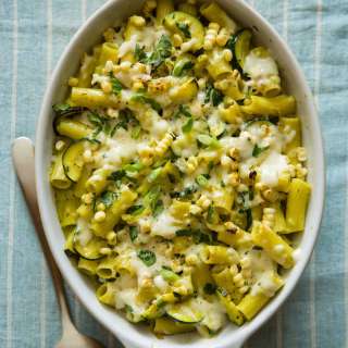 Baked Chicken Rigatoni with Sweet Corn, Zucchini and a Roasted Poblano Béchamel