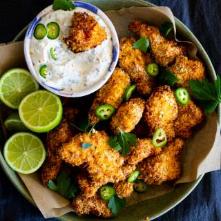Air Fryer Popcorn Chicken with Jalapeño Ranch