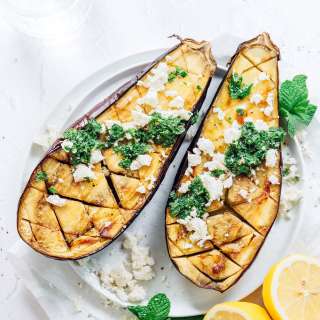Roasted Eggplant with Feta & Mint Sauce