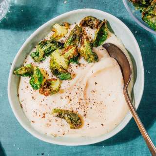 Creamy Parsnip Soup With Crispy Brussels Sprouts